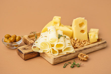 Board with pieces of Swiss cheese and walnut on brown backgroundの写真素材