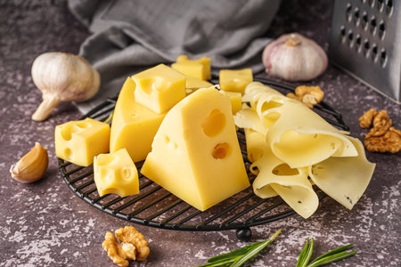 Stand with pieces of Swiss cheese and walnut on gray backgroundの写真素材