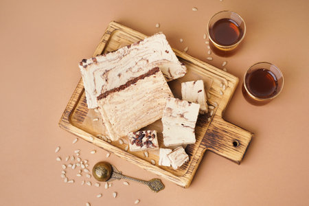 Pieces of tasty marble halva and glasses with Turkish tea on brown backgroundの写真素材