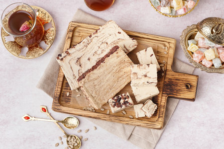Pieces of tasty marble halva and glass with Turkish tea on white backgroundの写真素材