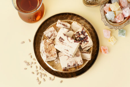 Plates with pieces of tasty marble halva on yellow backgroundの写真素材