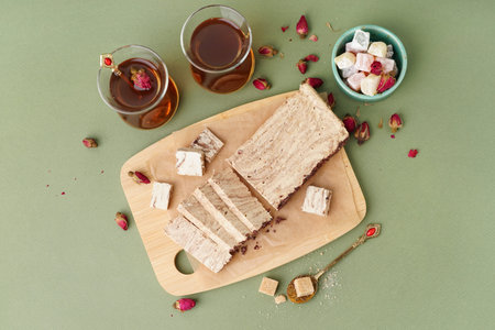 Wooden board with pieces of tasty marble halva on green background