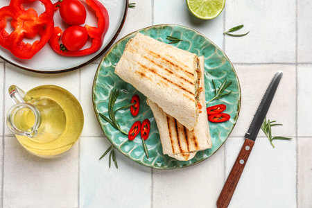Plates with tasty shawarma with pepper on white tile tableの写真素材