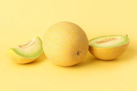 Sweet melon with pieces on yellow backgroundの写真素材