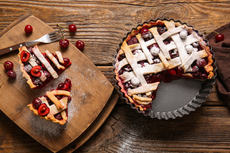 Baking dish with tasty cherry pie and board of pieces on wooden background