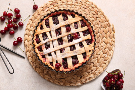 Baking dish with tasty cherry pie and bowl of berries on white backgroundの写真素材