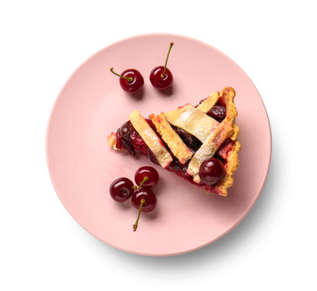 Plate with piece of tasty cherry pie on white backgroundの写真素材