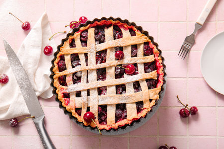 Baking dish with tasty cherry pie on pink tile backgroundの写真素材