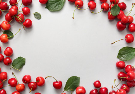 Frame made of many sweet cherries and leaves on white backgroundの写真素材