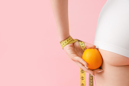 Young woman with measuring tape and orange on pink background, back viewの写真素材