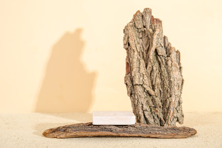 Decorative plaster podium with tree bark on sand against pale yellow backgroundの写真素材