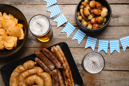 Glasses of cold beer and different snacks on wooden background.の写真素材