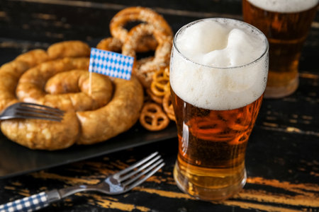 Glass of cold beer on dark wooden background.の写真素材