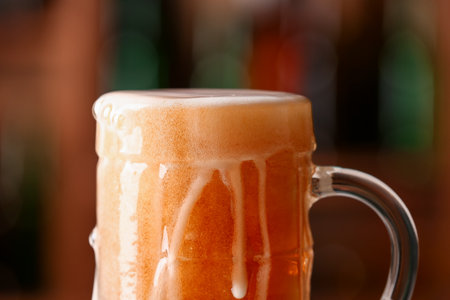Mug of beer with foam in bar, closeup.の写真素材
