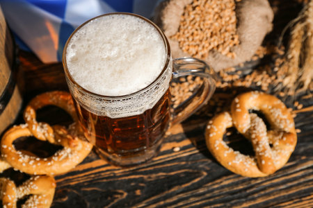 Mug of cold beer on wooden background. celebrationの写真素材