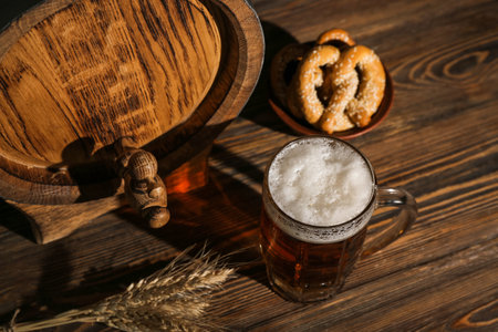 Mug of cold beer and barrel on wooden background.  celebrationの写真素材