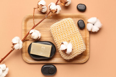 Composition with soap bar, bath sponge, spa stones and cotton branch on color backgroundの写真素材