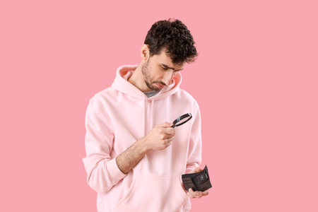 Young man with magnifier and empty wallet on pink background
