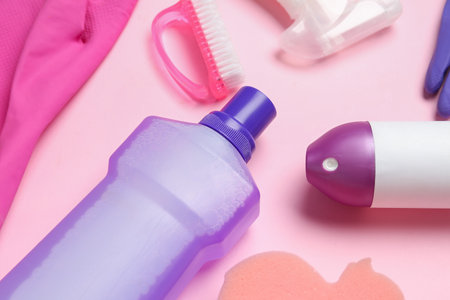 Different cleaning supplies on pink background, closeupの写真素材