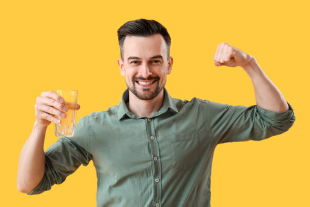 Young man with dissolved tablet and glass of water on yellow backgroundの写真素材