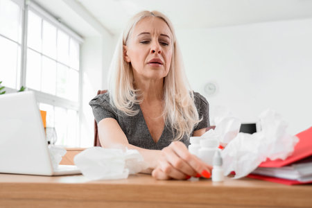 Ill mature businesswoman taking drops in officeの写真素材