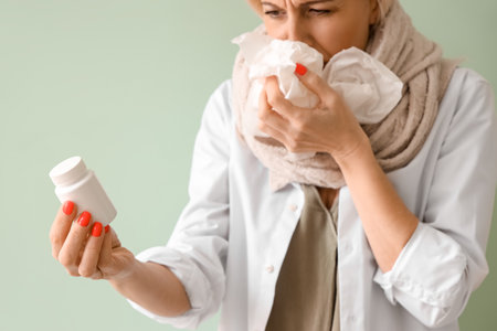 Ill mature woman with tissues and pill bottle on green background, closeupの写真素材