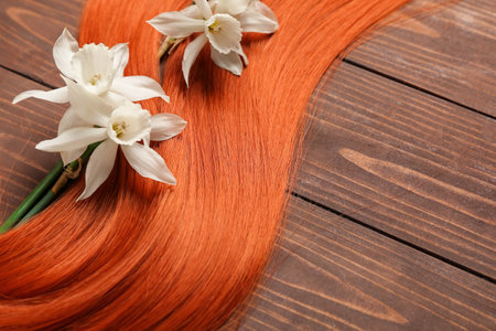 Ginger hair strand with beautiful narcissus flowers on wooden background, closeupの写真素材