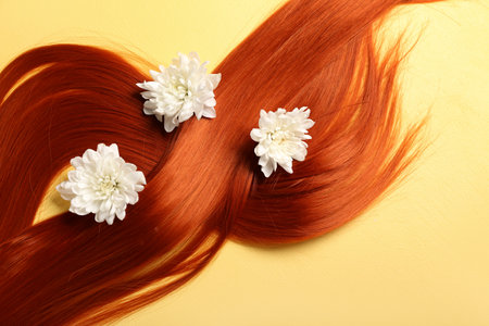 Beautiful ginger hair with chrysanthemum flowers on yellow background, closeupの写真素材