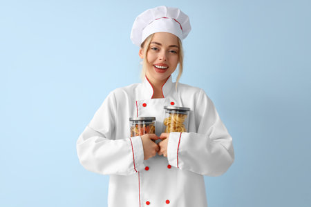 Female chef with raw pasta on blue backgroundの写真素材
