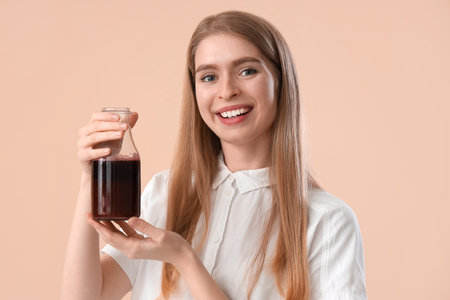 Young woman with bottle of beet juice on beige backgroundの写真素材