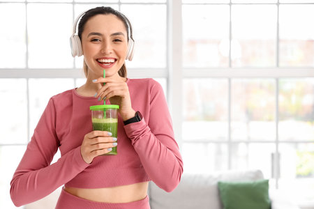 Sporty young woman in headphones with glass of vegetable juice at homeの写真素材