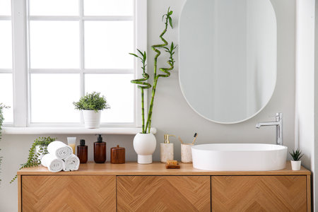 Sink, bath accessories and vase with bamboo stems on drawers in bathroomの写真素材