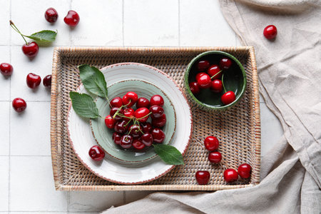 Plate and bowl with sweet cherry on white tile backgroundの写真素材