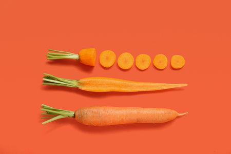 fresh carrot and slices on orange backgroundの写真素材