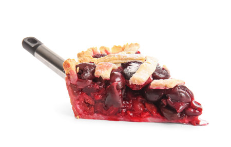 Spatula with piece of tasty cherry pie on white backgroundの写真素材
