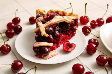 Plate with piece of tasty cherry pie on white tile backgroundの写真素材