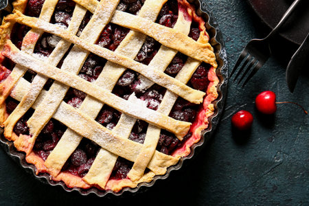 Baking dish with tasty cherry pie on dark background