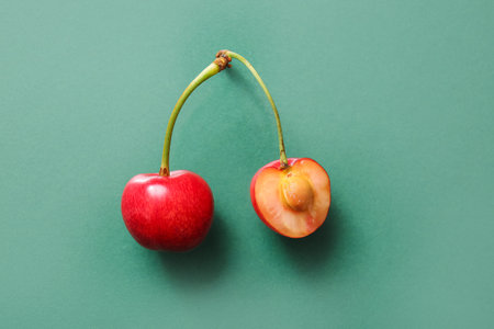 sweet cherry on green backgroundの写真素材
