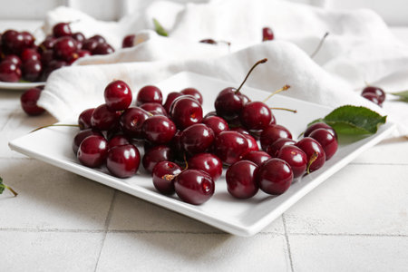 Plate with sweet cherry on white tile background