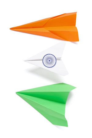 Indian flag made of paper planes isolated on white backgroundの写真素材
