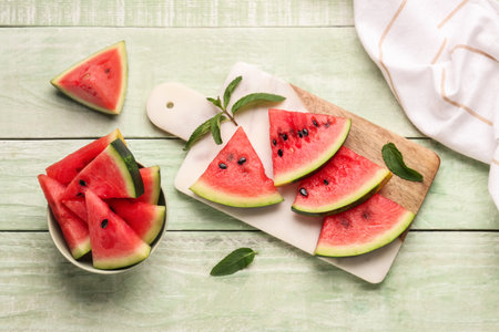 Board and bowl with pieces of fresh watermelon on green wooden backgroundの写真素材