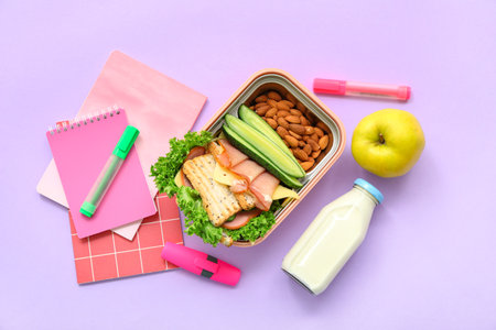 Stationery, drink and lunch box with tasty food on lilac backgroundの写真素材