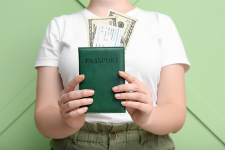 Young woman with passport, ticket and money near green wall. travel conceptの写真素材