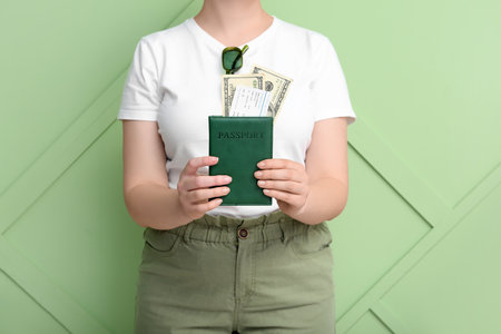 Young woman with passport, ticket and money near green wall. travel conceptの写真素材
