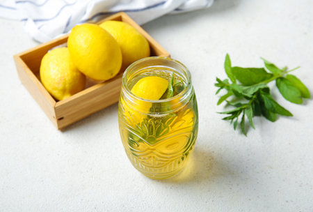 Glass of ice tea and wooden box with lemons on white backgroundの写真素材