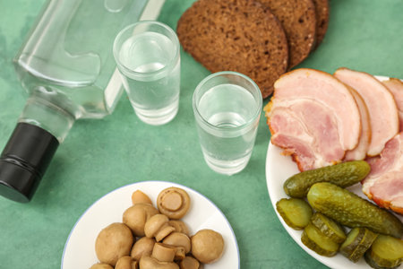 Shots and bottle of cold vodka with snacks on green backgroundの写真素材