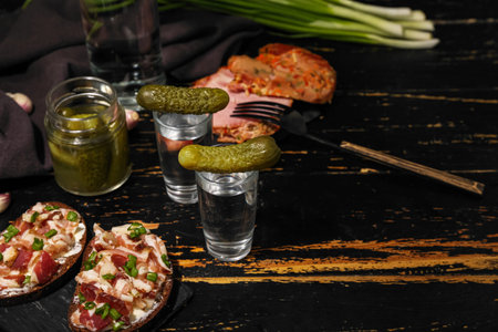 Shots with cold vodka and snacks on dark wooden background