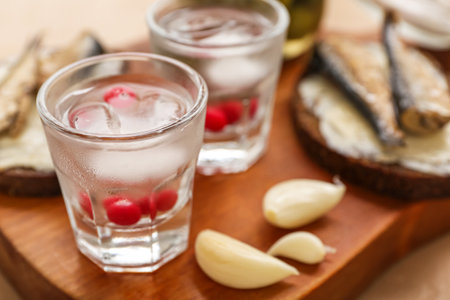 Shots with cold vodka on tableの写真素材