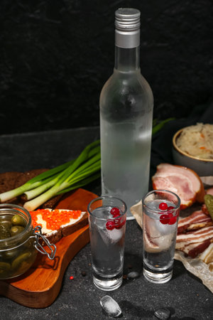 Shots and bottle of cold vodka with snacks on black backgroundの写真素材