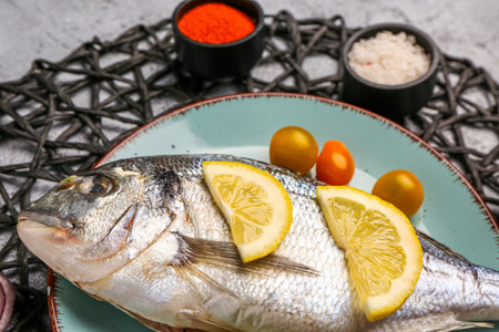 Plate of raw dorado fish with lemon on tableの写真素材
